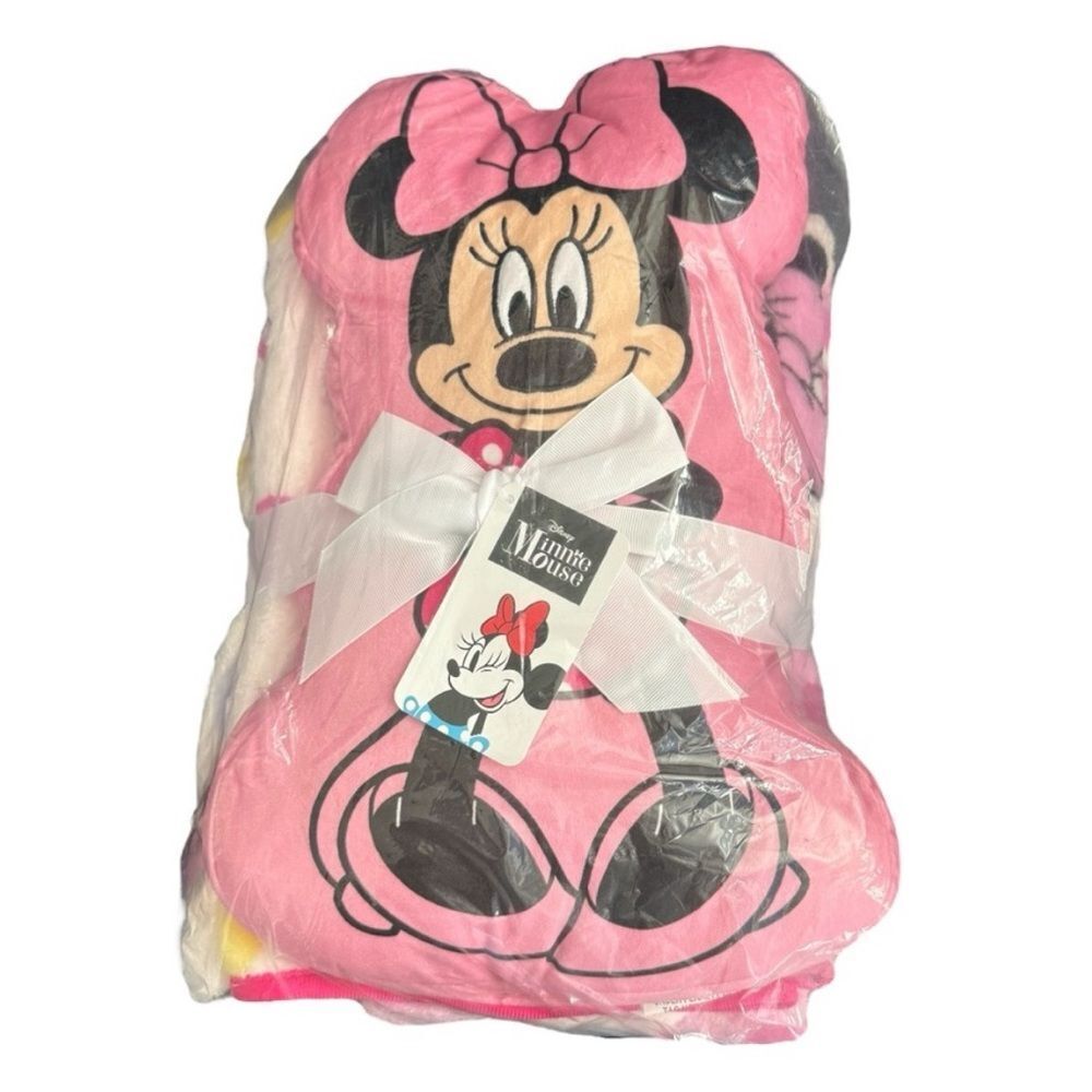 Disney Minnie Mouse Plush Character Pillow and Fleece Throw Blanket Set 2pc New
